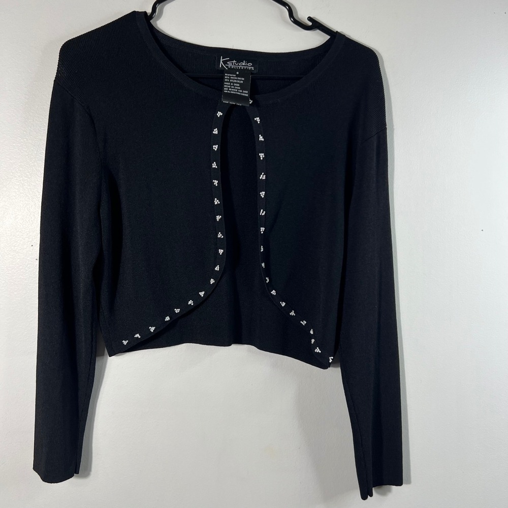 Womens Vintage K Studio Beaded Trim Cropped Cardigan Black 8 Rayon‎ Nylon